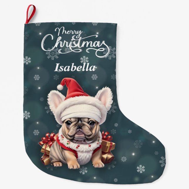 Cute French Bulldog Santa Hat Merry Christmas Large Christmas Stocking (Front)