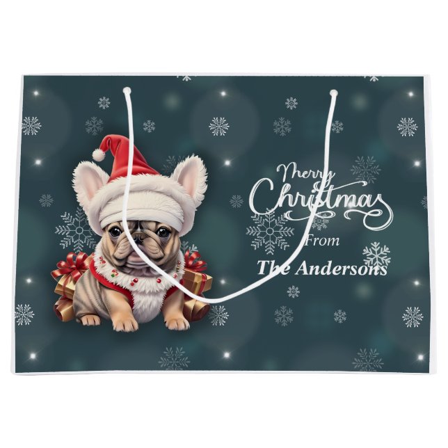 Cute French Bulldog Santa Hat Merry Christmas Large Gift Bag (Front)