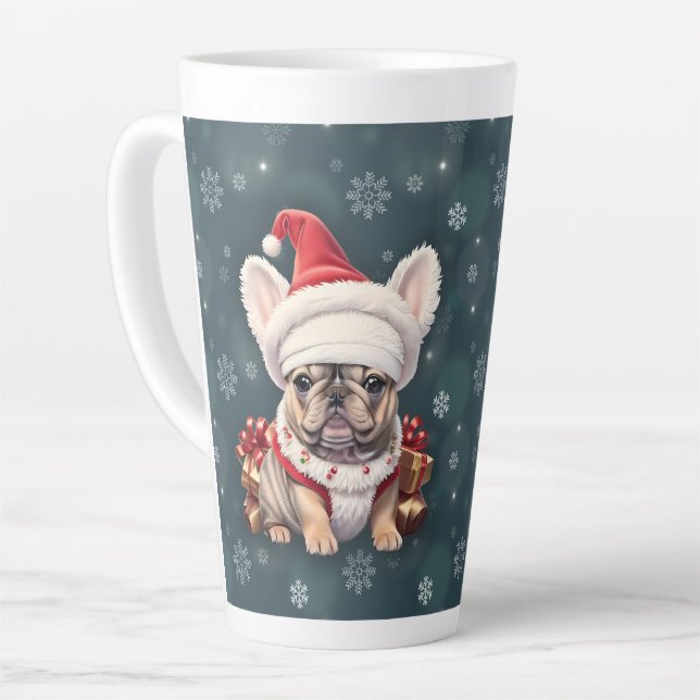 Cute French Bulldog Santa Hat Merry Christmas Latte Mug (Left Angle)