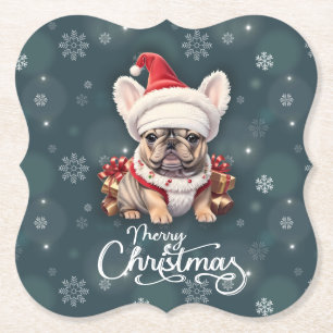 Cute French Bulldog Santa Hat Merry Christmas Paper Coaster