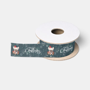 Cute French Bulldog Santa Hat Merry Christmas Satin Ribbon
