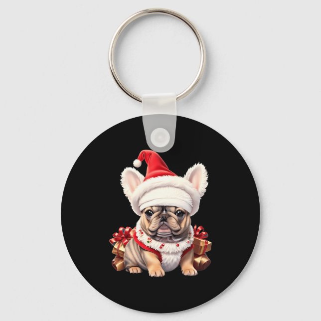 Cute French Bulldog Santa Hat Merry Christmas T Sh Keychain (Front)