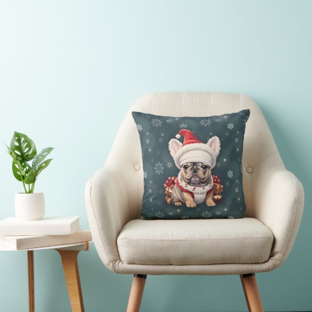 Cute French Bulldog Santa Hat Merry Christmas Throw Pillow (Chair)