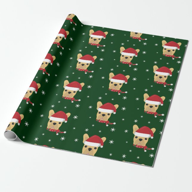 Cute French Bulldog Santa Hat Wrapping Paper (Unrolled)