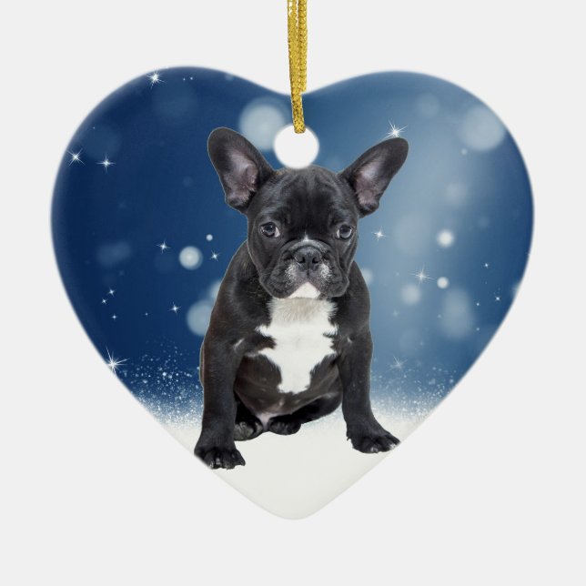 Cute French Bulldog Snow Stars Blue Christmas Ceramic Ornament (Front)