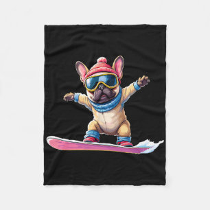Cute French Bulldog Snowboarding Winter Sports Fleece Blanket