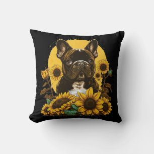 Cute French Bulldog Sunflower Lover Drawing Art Throw Pillow