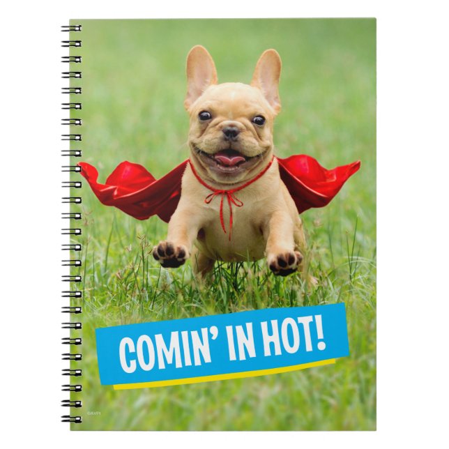 Cute French Bulldog Superhero Runs in Grass Notebook (Front)