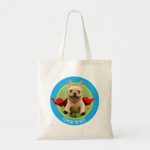 Cute French Bulldog Superhero Runs in Grass Tote Bag