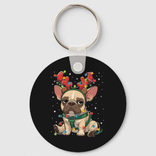Cute French Bulldog Tangled Up In Christmas Lights Keychain