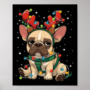 Cute French Bulldog Tangled Up In Christmas Lights Poster
