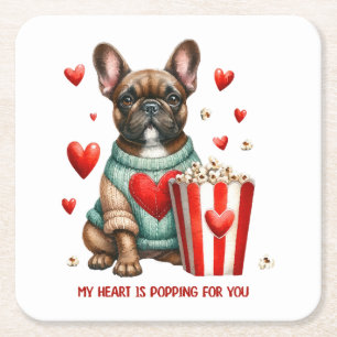 Cute French Bulldog Valentines Day heart Square Paper Coaster