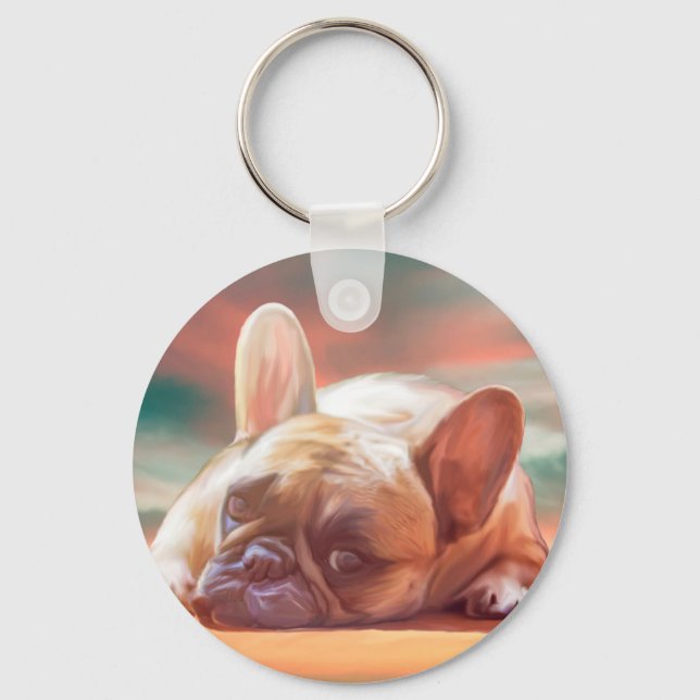 Cute French Bulldog Water Colour Art Painting Keychain (Front)