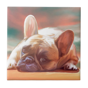 Cute French Bulldog Water Colour Art Painting Tile
