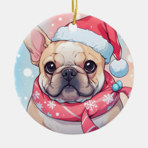 Cute French Bulldog with hat and scarf Ceramic Ornament