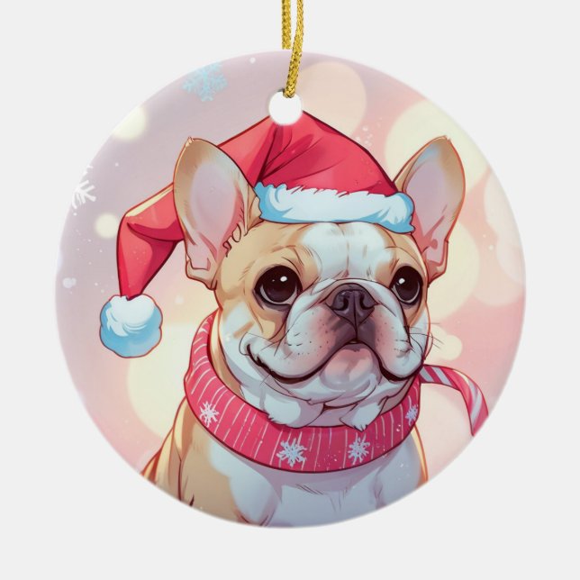 Cute French Bulldog with hat and scarf Ceramic Ornament (Front)