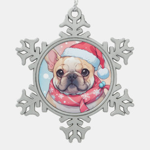 Cute French Bulldog with hat and scarf Snowflake Pewter Christmas Ornament