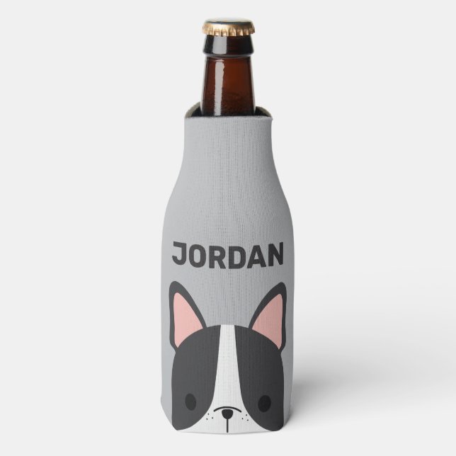 Cute French Bulldog with Personalized Name Bottle Cooler (Bottle Front)