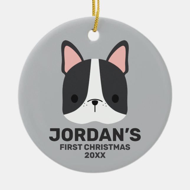 Cute French Bulldog with Personalized Name Ceramic Ornament (Front)