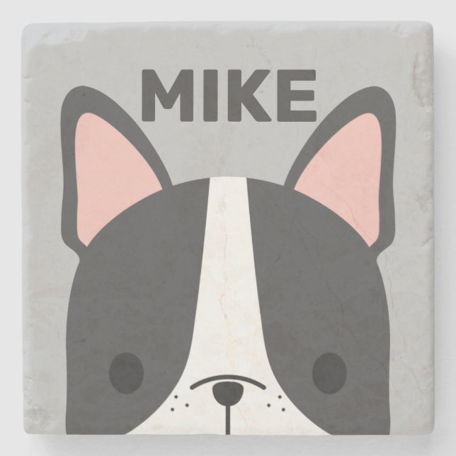 Cute French Bulldog with Personalized Name Stone Coaster (Front)
