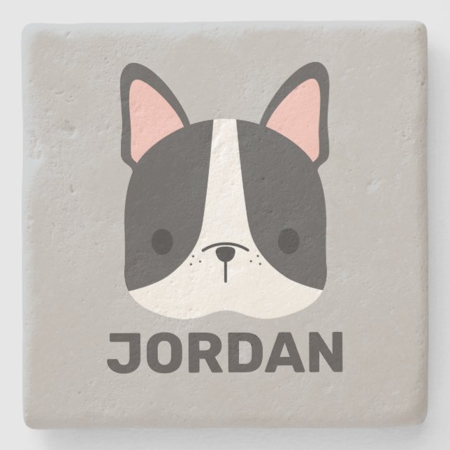 Cute French Bulldog with Personalized Name Stone Coaster (Front)