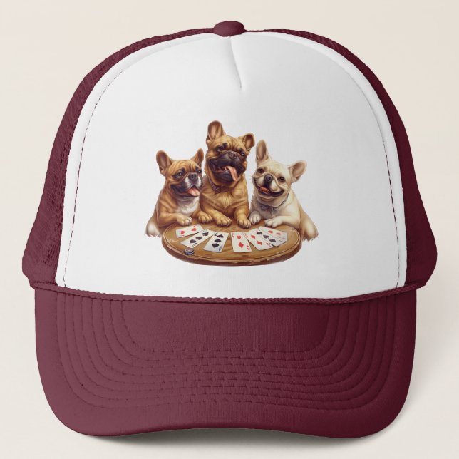 Cute French Bulldogs Playing Cards Trucker Hat (Front)