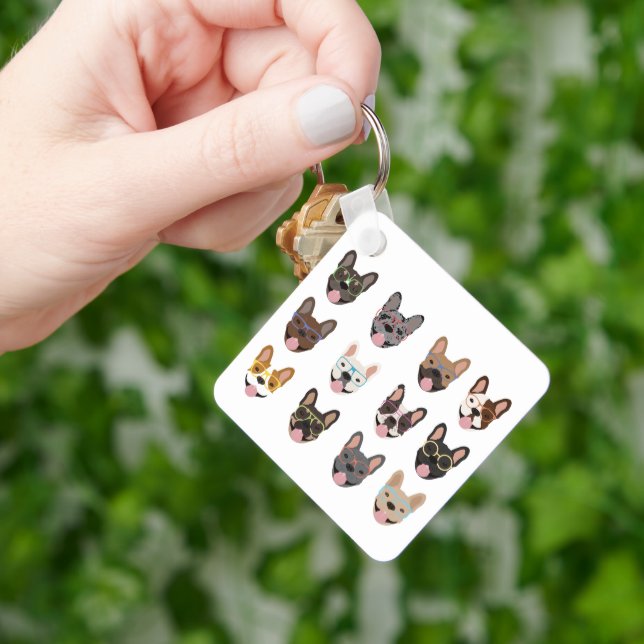 Cute French Bulldogs Wearing Glasses Keychain (Hand)