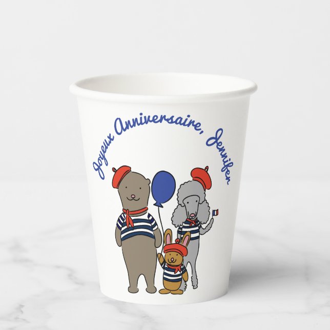 Cute French Cartoon Animals Personalizd Birthday Paper Cups (Front)