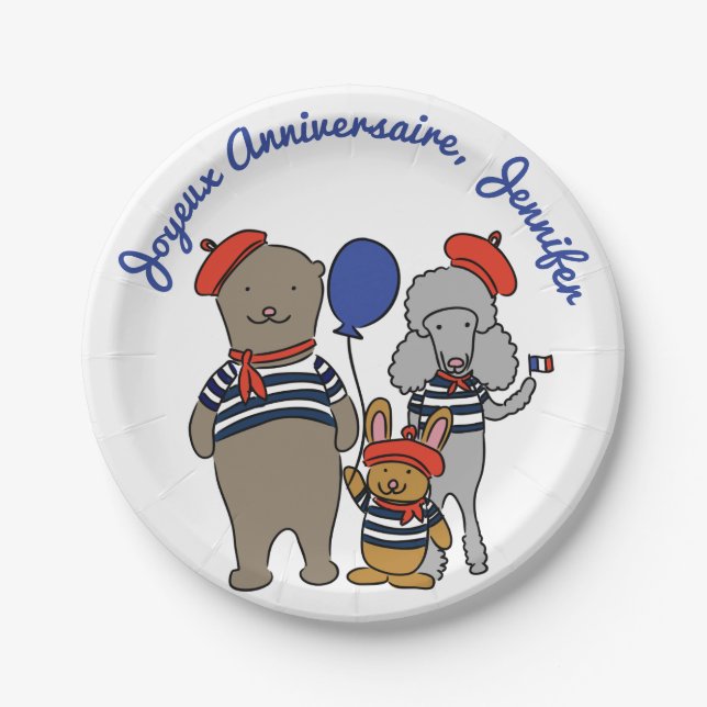 Cute French Cartoon Animals Personalizd Birthday Paper Plate (Front)