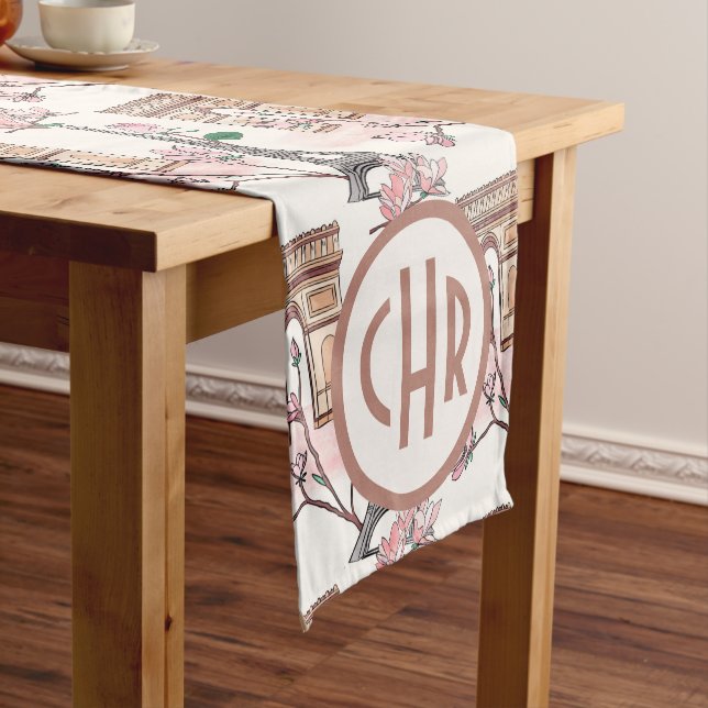 Cute French Theme Monogram | France Landmarks Short Table Runner (In Situ)