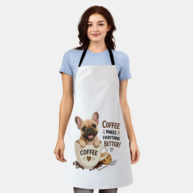 Cute Frenchie Coffee Lover Illustration Apron (Worn)