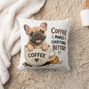 Cute Frenchie Coffee Lover Illustration Throw Pillow