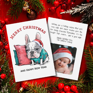 cute Frenchie pet dog, Santa hat, Funny Christmas Holiday Card