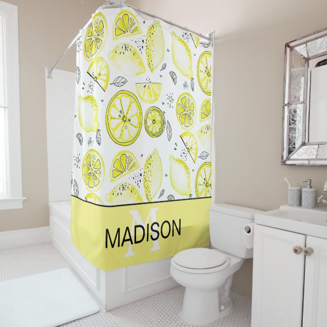 Cute Fresh Lemon Citrus Doodle Yellow Monogram (In Situ)