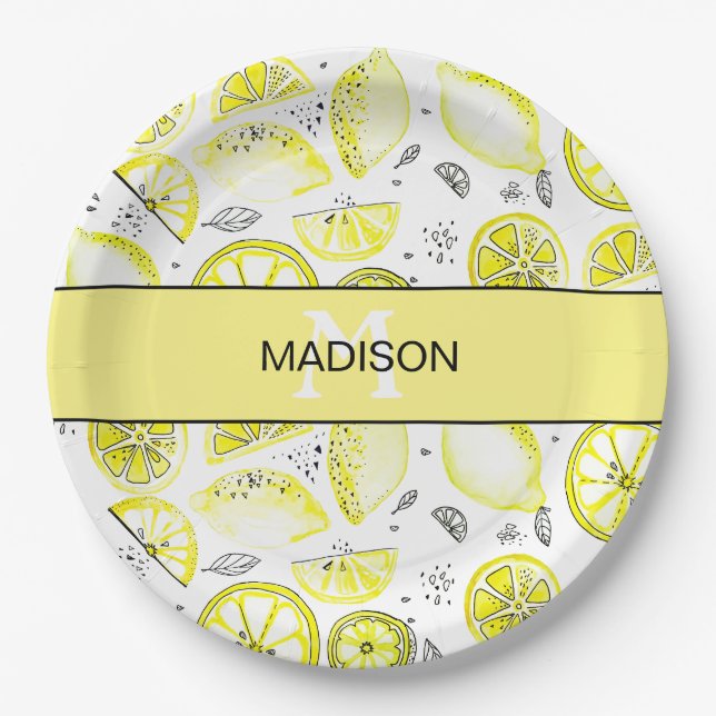 Cute Fresh Lemon Citrus Doodle Yellow Monogram Paper Plate (Front)