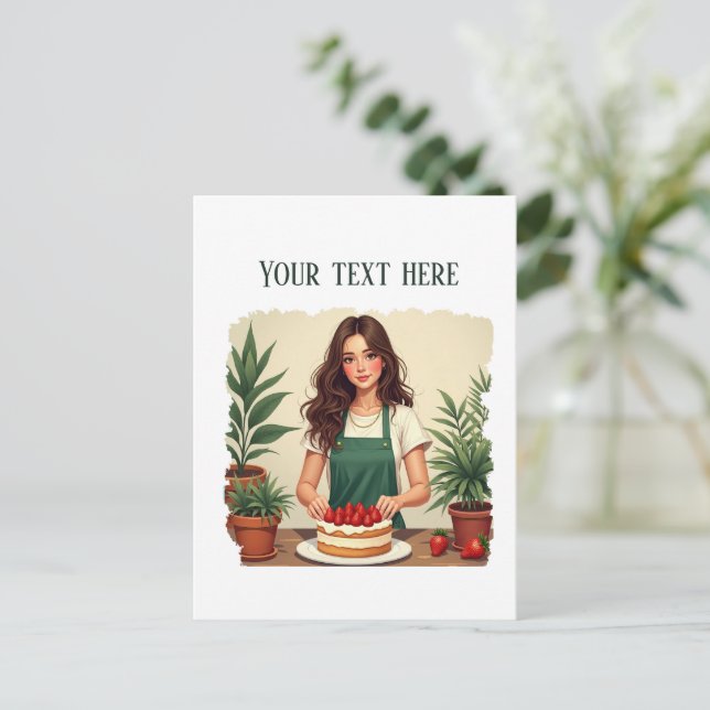 Cute fresh strawberry cake bakery  postcard (Standing Front)