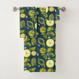 Cute Fresh Summer Lemon Citrus Doodle Yellow Blue Bath Towel Set