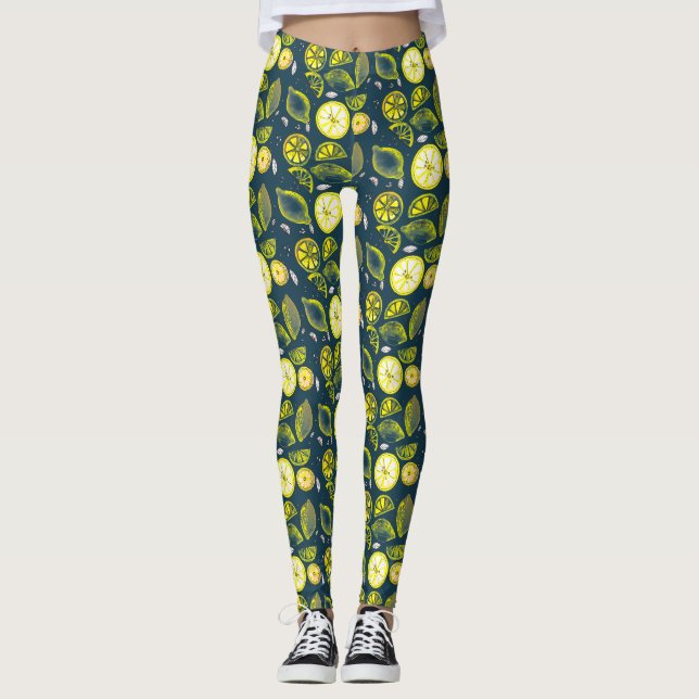 Cute Fresh Summer Lemon Citrus Doodle Yellow Blue Leggings (Front)