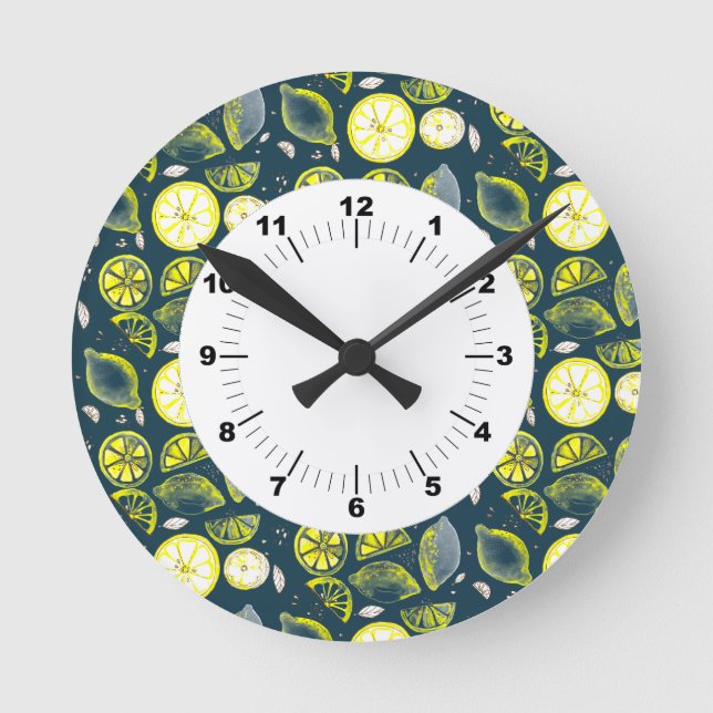 Cute Fresh Summer Lemon Citrus Doodle Yellow Blue Round Clock (Front)