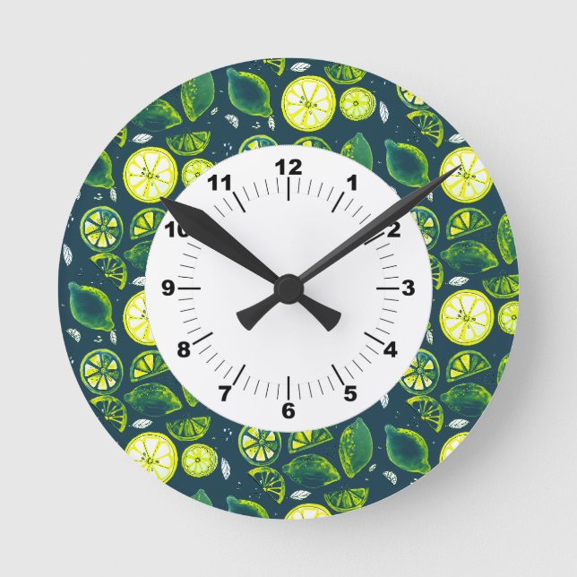 Cute Fresh Summer Lemon Citrus Doodle Yellow Blue Round Clock (Front)
