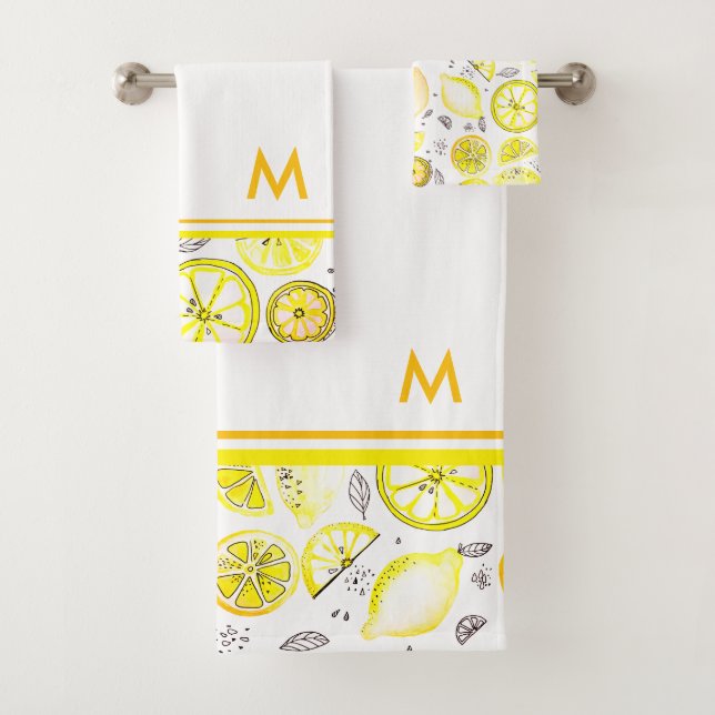 Cute Fresh Summer Lemon Citrus Doodle Yellow Large Bath Towel Set (Insitu)