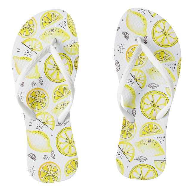 Cute Fresh Summer Lemon Citrus Doodle Yellow Large Flip Flops (Footbed)