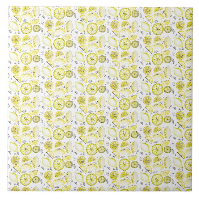 Cute Fresh Summer Lemon Citrus Doodle Yellow Tile (Front)