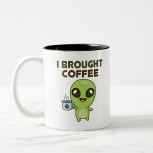 Cute Friendly Alien I Brought Coffee Two-Tone Coffee Mug