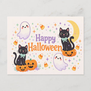 Cute Friendly Cats Ghosts Pumpkins Halloween  Holiday Postcard