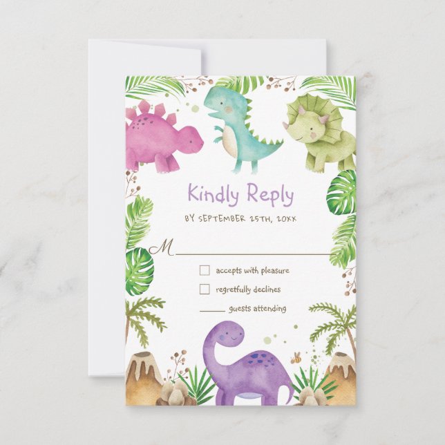 Cute Friendly Dinosaurs Baby Shower 1st Birthday RSVP Card (Front)