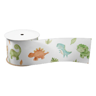 Cute Friendly Dinosaurs Leafy Blue Green Orange Satin Ribbon