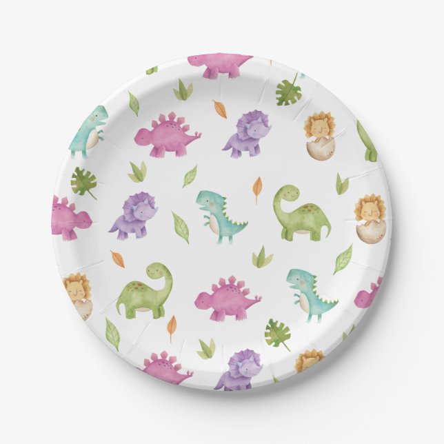 Cute Friendly Dinosaurs Party T-Rex Brontosaurus Paper Plate (Front)