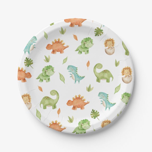 Cute Friendly Dinosaurs Party T-Rex Brontosaurus  Paper Plate (Front)