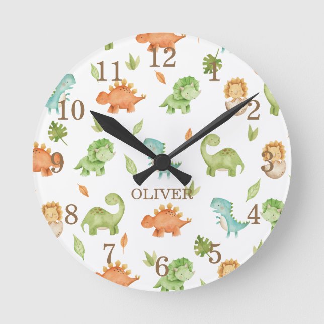 Cute Friendly Dinosaurs T-Rex Brontosaurus Bedroom Round Clock (Front)